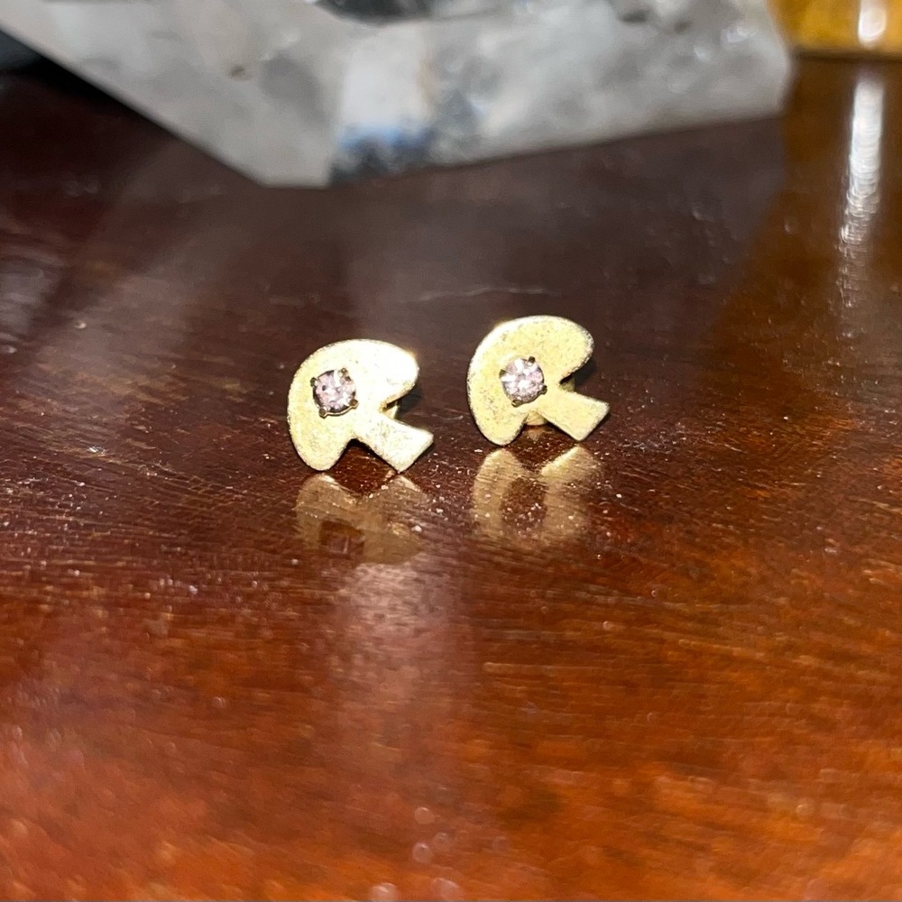 Vintage Gold Mushroom Stud Earrings with cubic zirconia accent